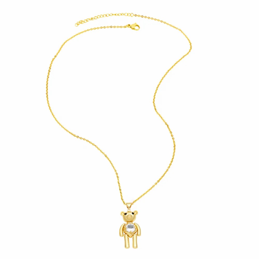 Cute Little Bear Stainless Steel Copper Inlay Zircon 18K Gold Plated Pendant Necklace_colorza_6