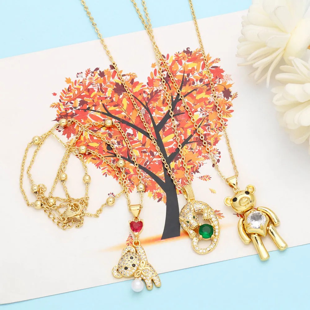 Cute Little Bear Stainless Steel Copper Inlay Zircon 18K Gold Plated Pendant Necklace_colorza_8