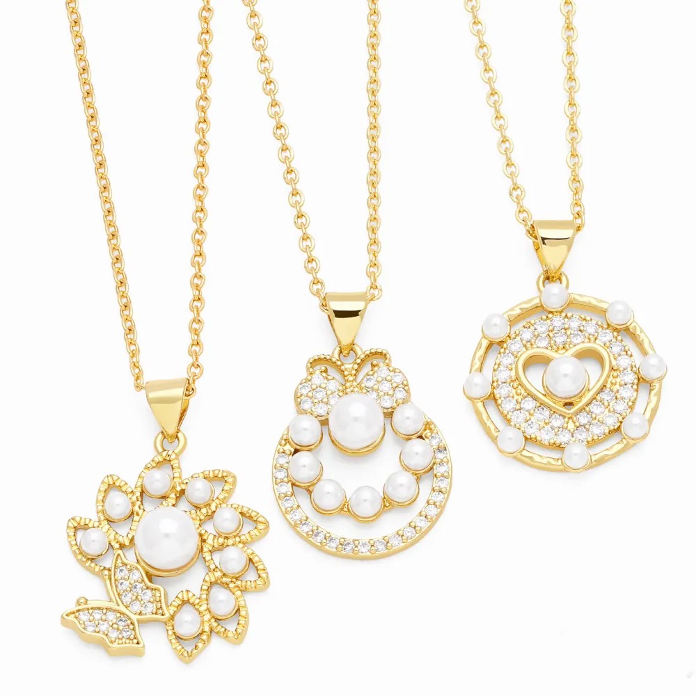 Elegant Simple Style Flower Butterfly Stainless Steel Copper Plating Inlay Pearl Zircon 18K Gold Plated Pendant Necklace_colorza_2