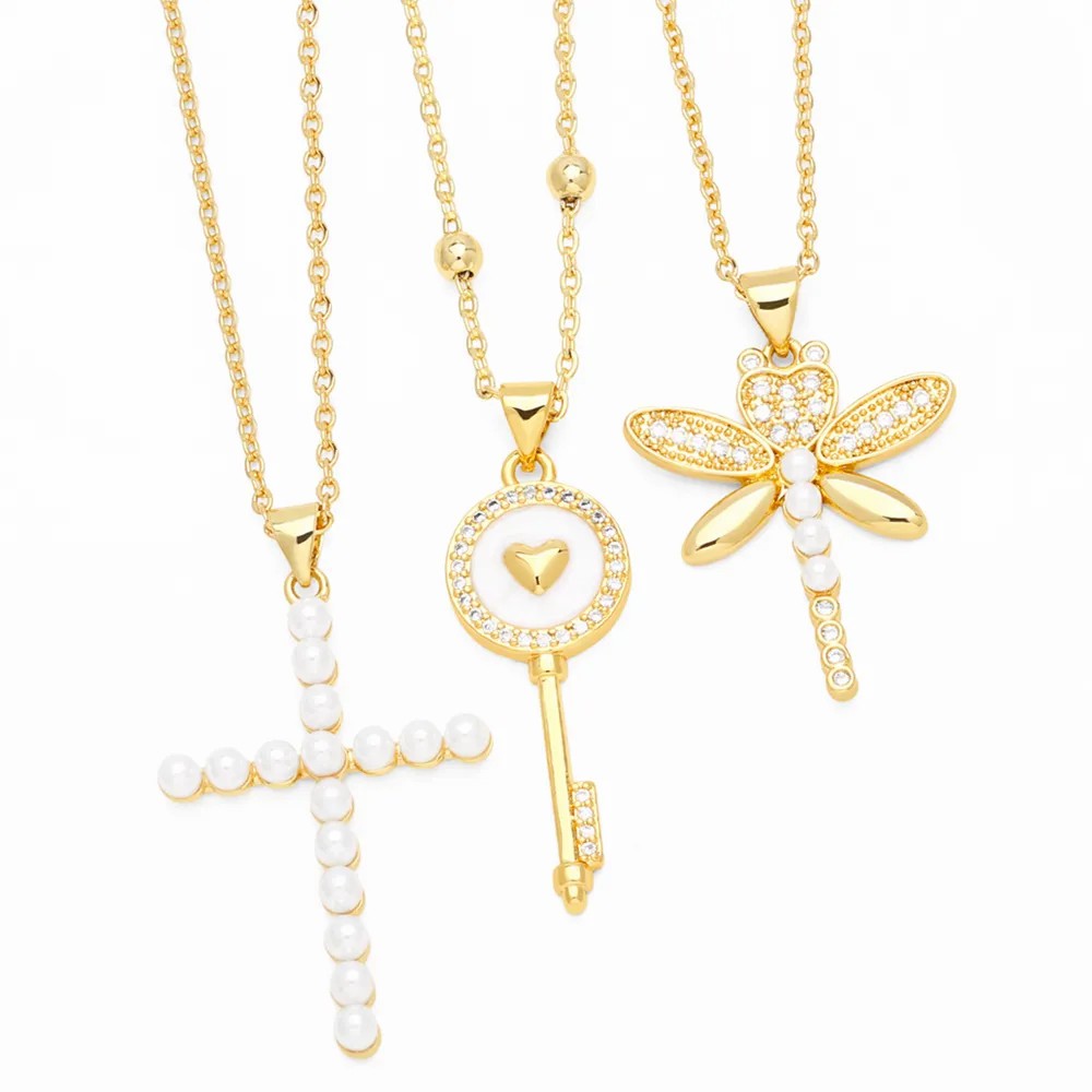 Simple Style Dragonfly Key Copper Zircon Necklace_colorza_2