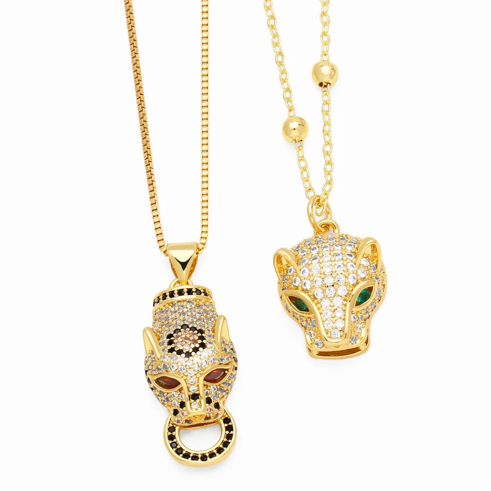 Hip-Hop Leopard Head Stainless Steel Copper Inlay Zircon 18K Gold Plated Pendant Necklace_colorza_2