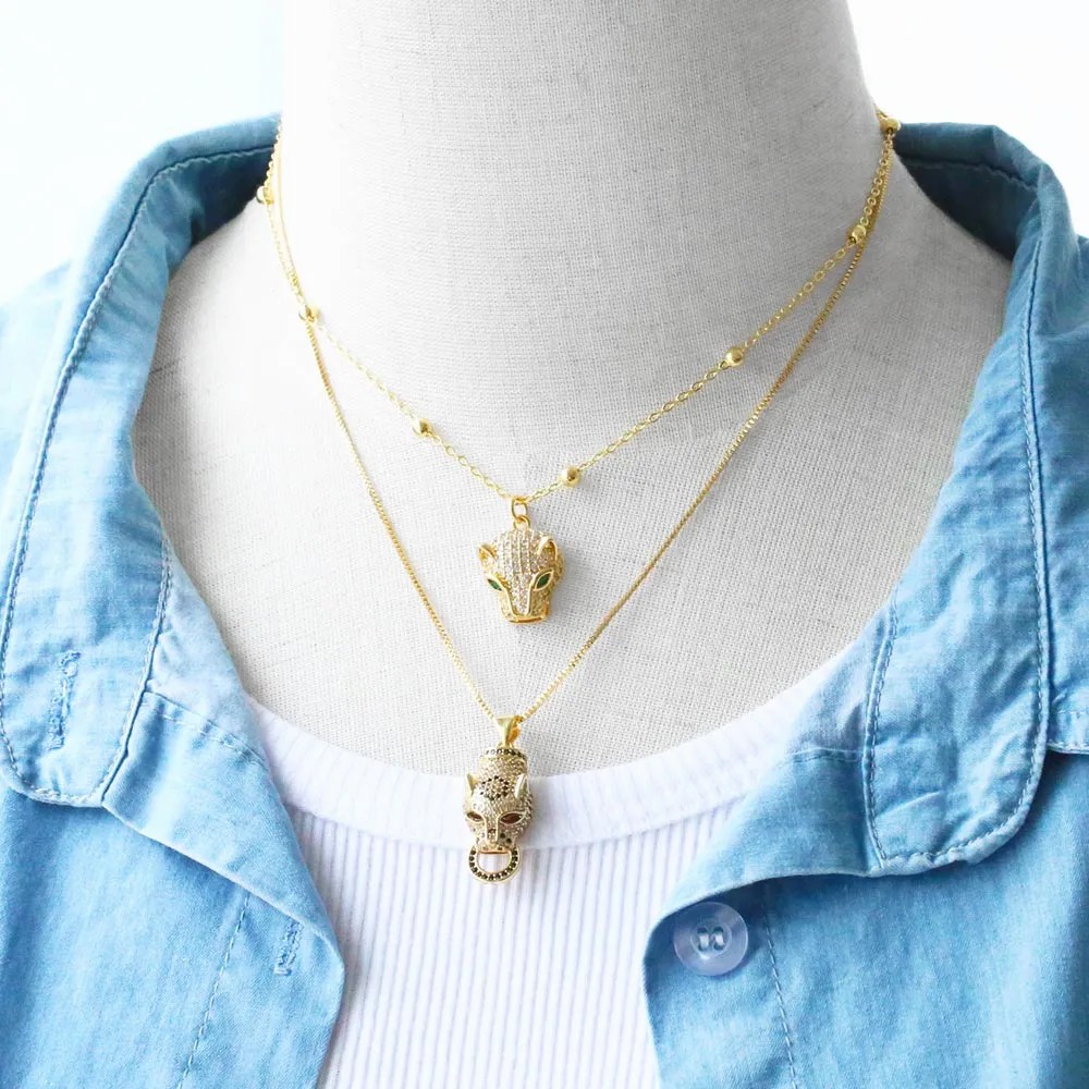 Hip-Hop Leopard Head Stainless Steel Copper Inlay Zircon 18K Gold Plated Pendant Necklace_colorza_6