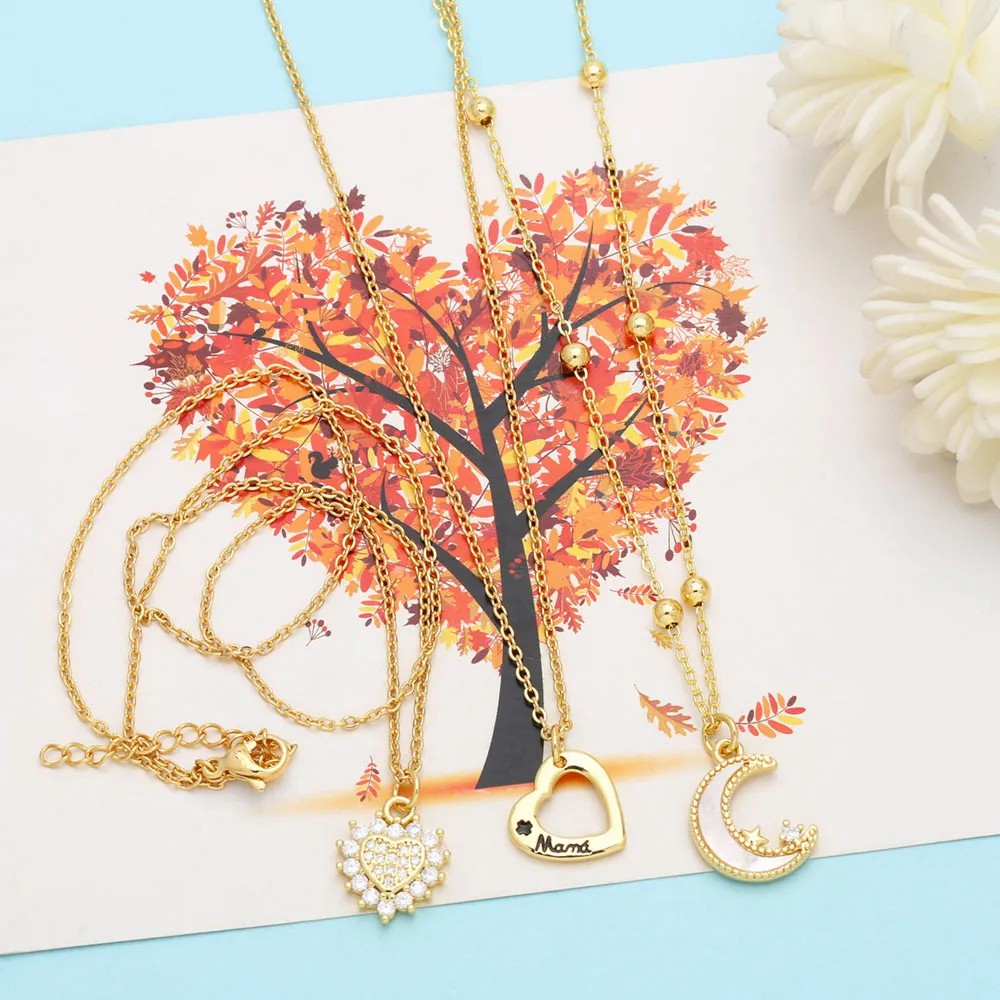 Casual Simple Style Moon Heart Shape Stainless Steel Copper Plating Inlay Shell Zircon 18K Gold Plated Pendant Necklace Long Necklace_colorza_8