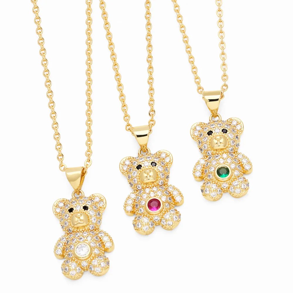 Cute Sweet Little Bear Stainless Steel Copper Plating Inlay Zircon 18K Gold Plated Pendant Necklace Long Necklace_colorza_2