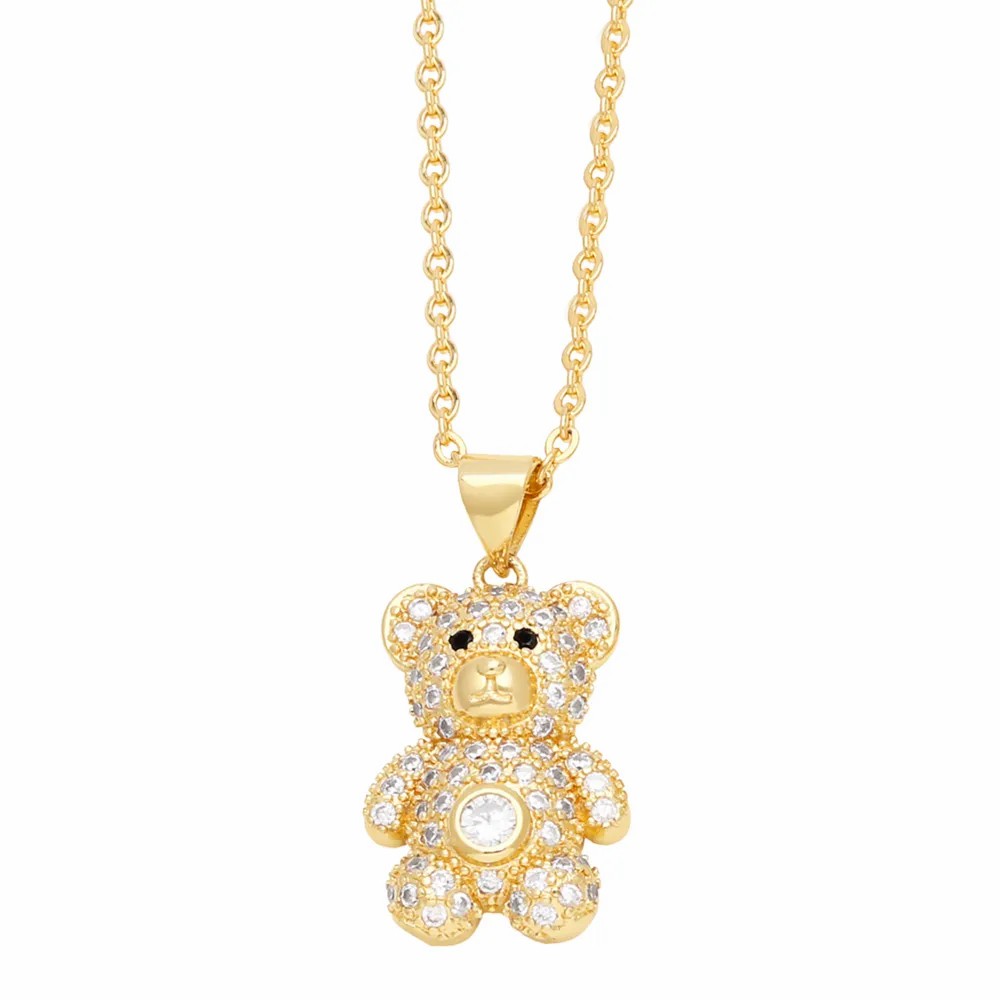 Cute Sweet Little Bear Stainless Steel Copper Plating Inlay Zircon 18K Gold Plated Pendant Necklace Long Necklace_colorza_3