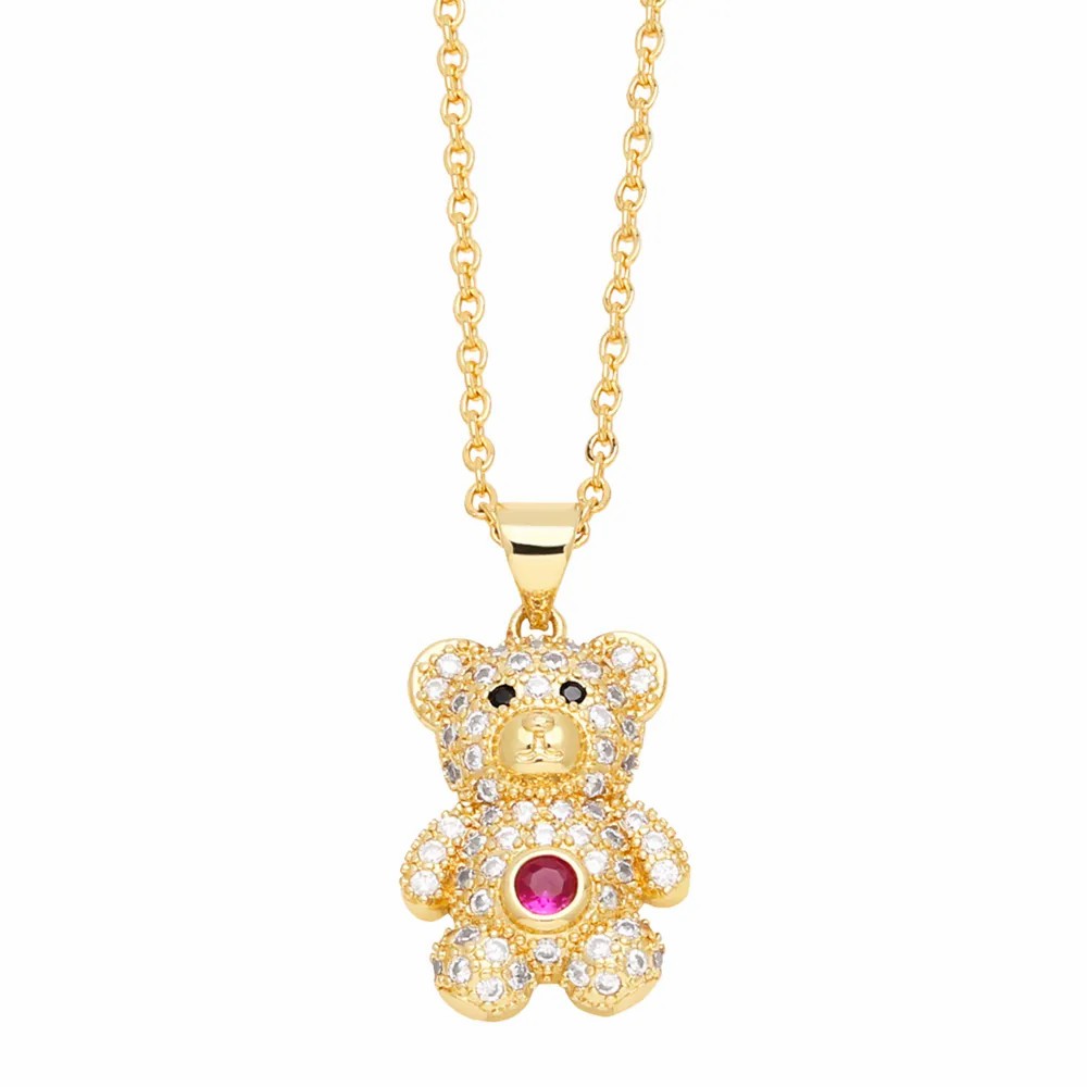 Cute Sweet Little Bear Stainless Steel Copper Plating Inlay Zircon 18K Gold Plated Pendant Necklace Long Necklace_colorza_4