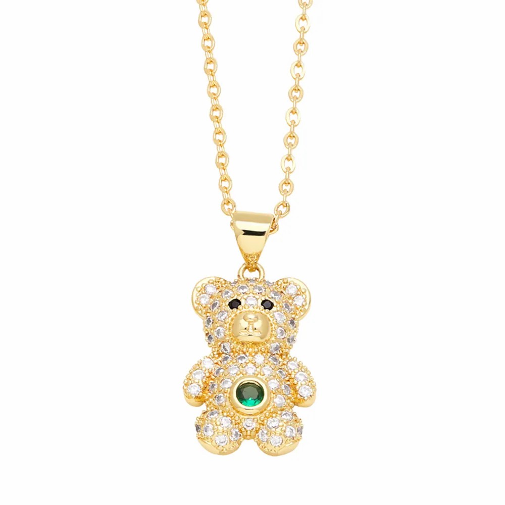 Cute Sweet Little Bear Stainless Steel Copper Plating Inlay Zircon 18K Gold Plated Pendant Necklace Long Necklace_colorza_5