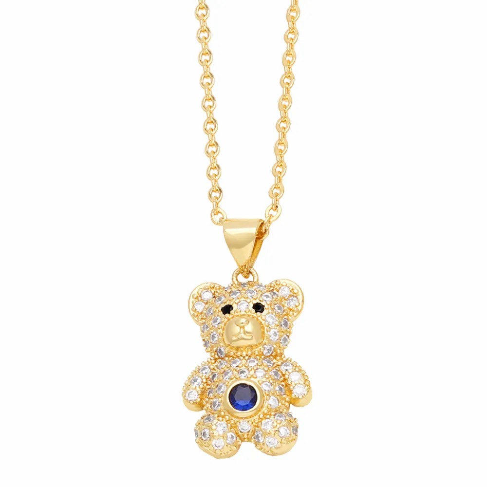 Cute Sweet Little Bear Stainless Steel Copper Plating Inlay Zircon 18K Gold Plated Pendant Necklace Long Necklace_colorza_6