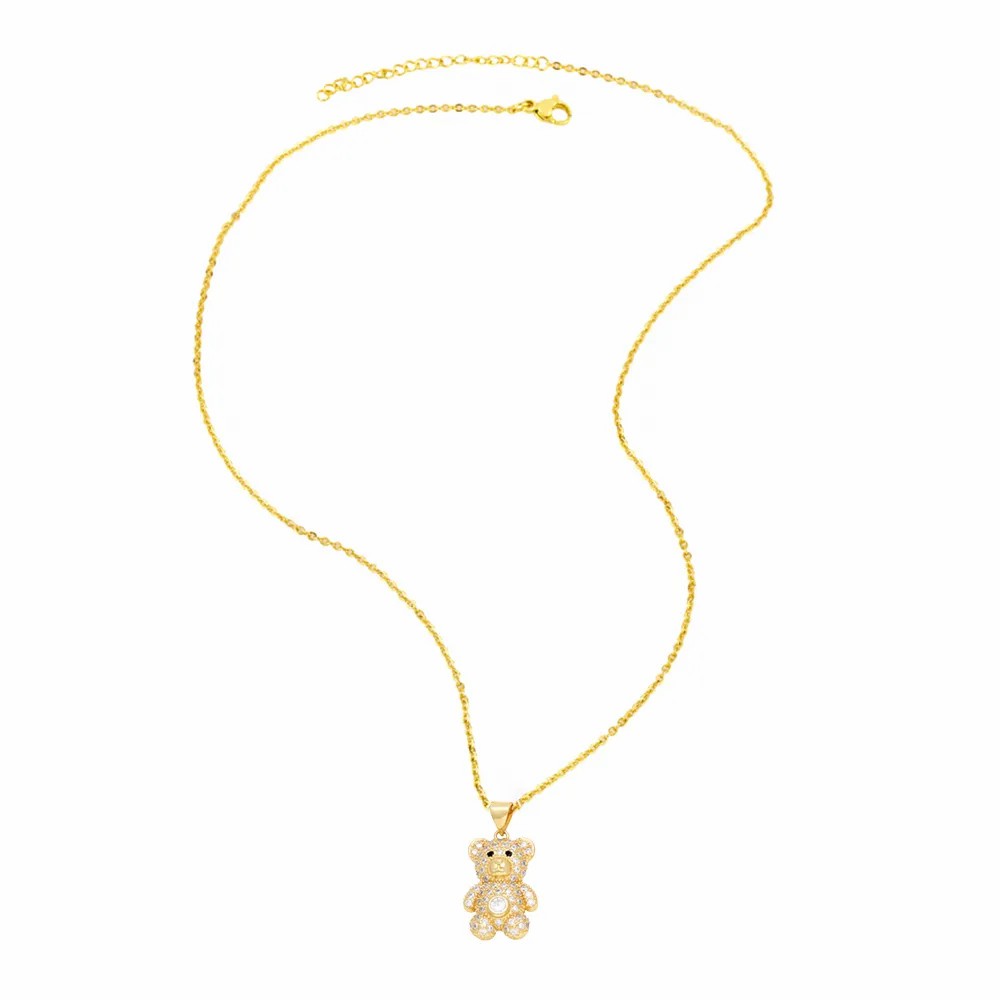 Cute Sweet Little Bear Stainless Steel Copper Plating Inlay Zircon 18K Gold Plated Pendant Necklace Long Necklace_colorza_7