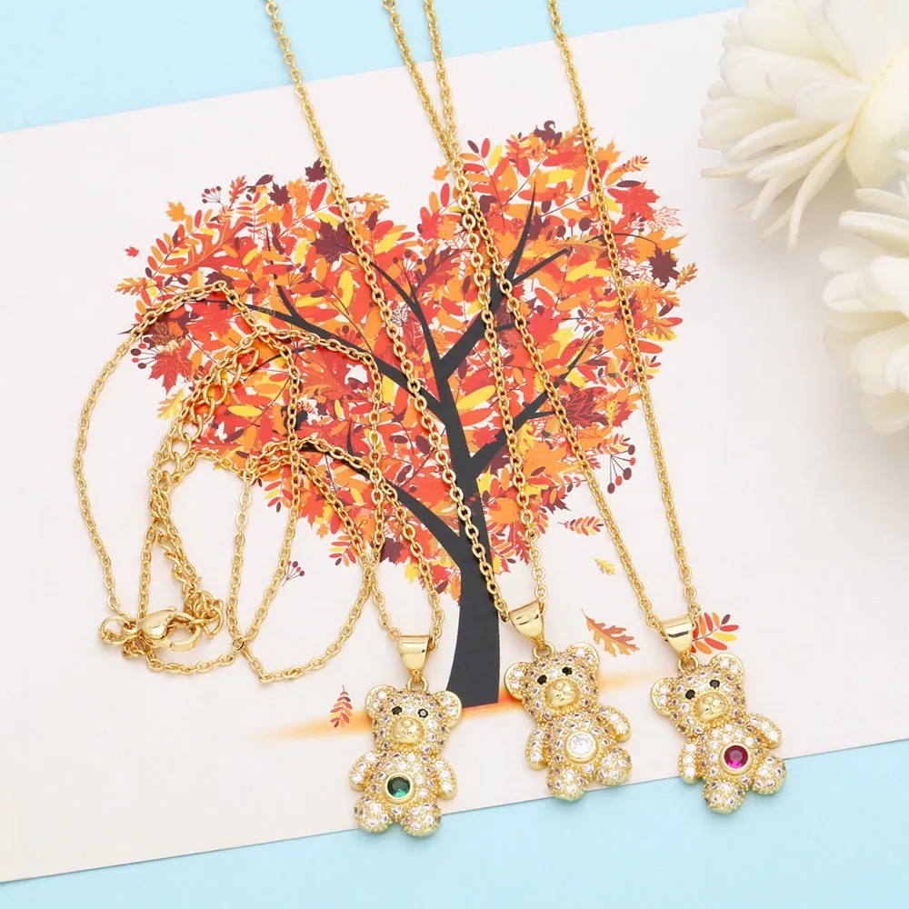 Cute Sweet Little Bear Stainless Steel Copper Plating Inlay Zircon 18K Gold Plated Pendant Necklace Long Necklace_colorza_9