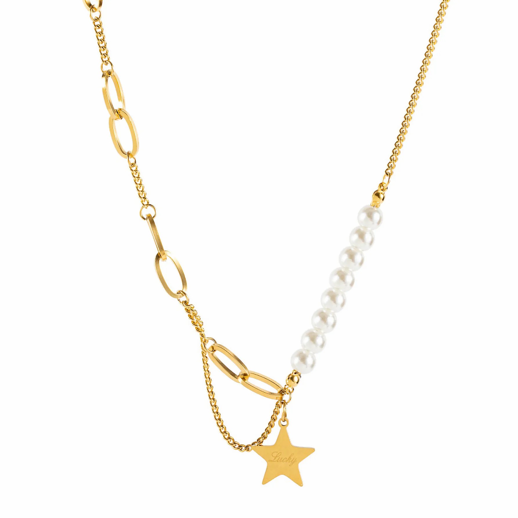 Vintage Style Luxurious Pentagram Letter Imitation Pearl Titanium Steel Plating 18K Gold Plated Pendant Necklace_colorza_2