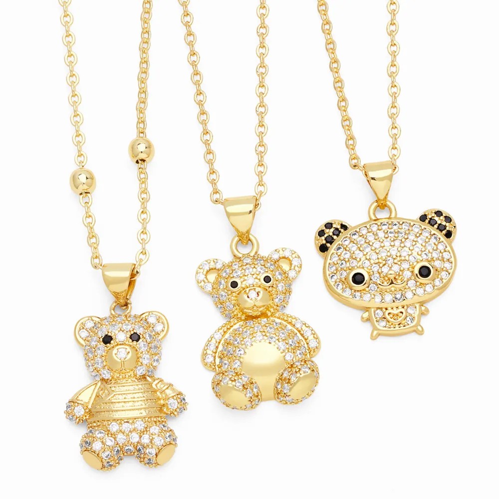 Cute Little Bear Stainless Steel Copper Plating Inlay Zircon 18K Gold Plated Pendant Necklace_colorza_2