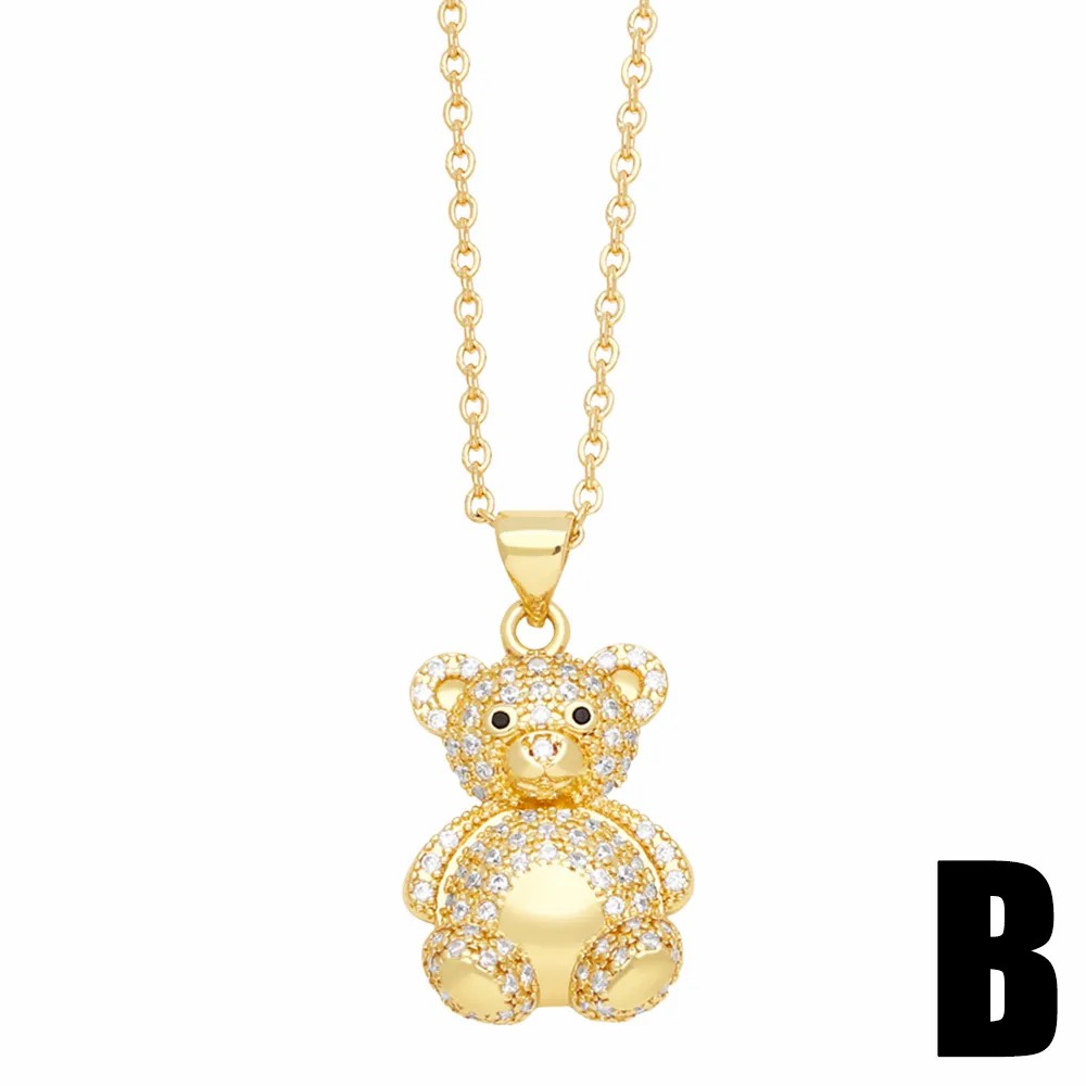 Cute Little Bear Stainless Steel Copper Plating Inlay Zircon 18K Gold Plated Pendant Necklace_colorza_3