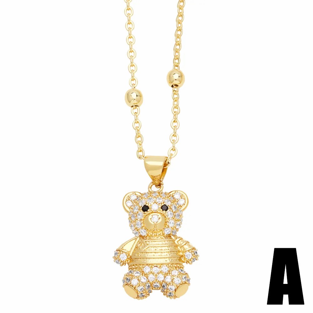 Cute Little Bear Stainless Steel Copper Plating Inlay Zircon 18K Gold Plated Pendant Necklace_colorza_4