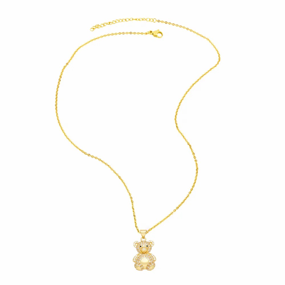 Cute Little Bear Stainless Steel Copper Plating Inlay Zircon 18K Gold Plated Pendant Necklace_colorza_6