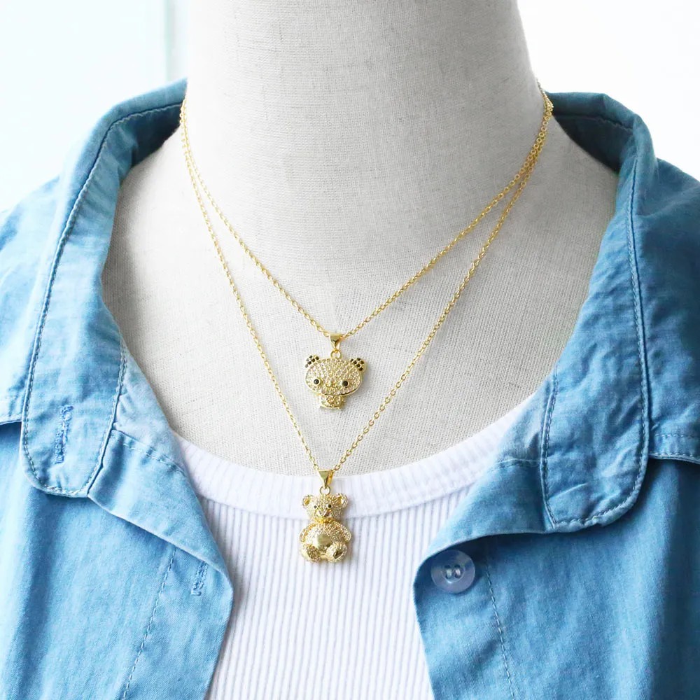 Cute Little Bear Stainless Steel Copper Plating Inlay Zircon 18K Gold Plated Pendant Necklace_colorza_7