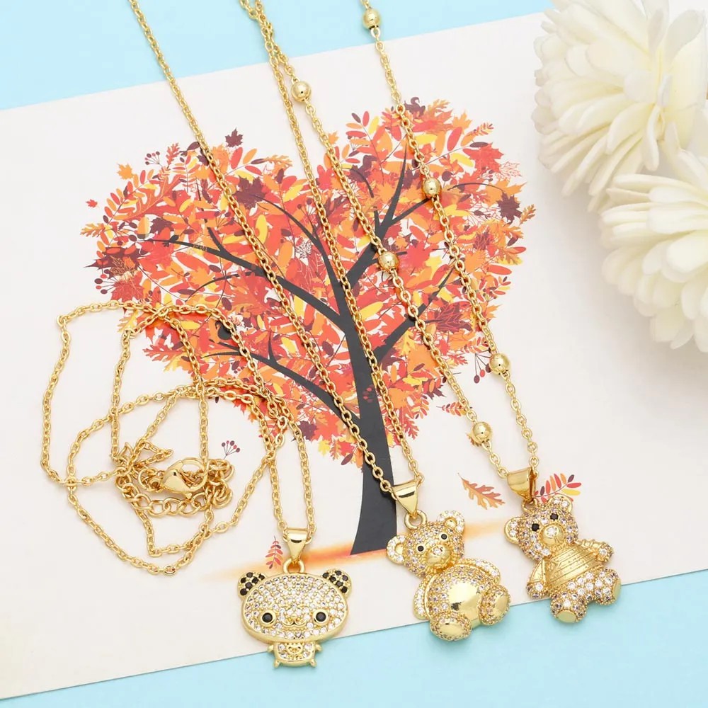 Cute Little Bear Stainless Steel Copper Plating Inlay Zircon 18K Gold Plated Pendant Necklace_colorza_8