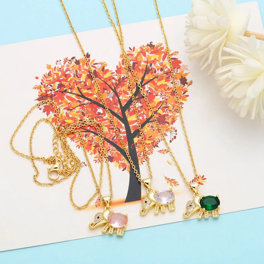 Cute Elephant Stainless Steel Copper Plating Inlay Zircon 18K Gold Plated Pendant Necklace_colorza_12