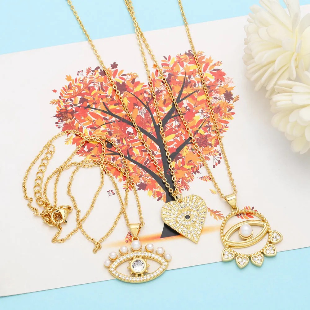 Modern Style Devil'S Eye Heart Shape Stainless Steel Copper Plating Inlay Beads Zircon 18K Gold Plated Pendant Necklace_colorza_9