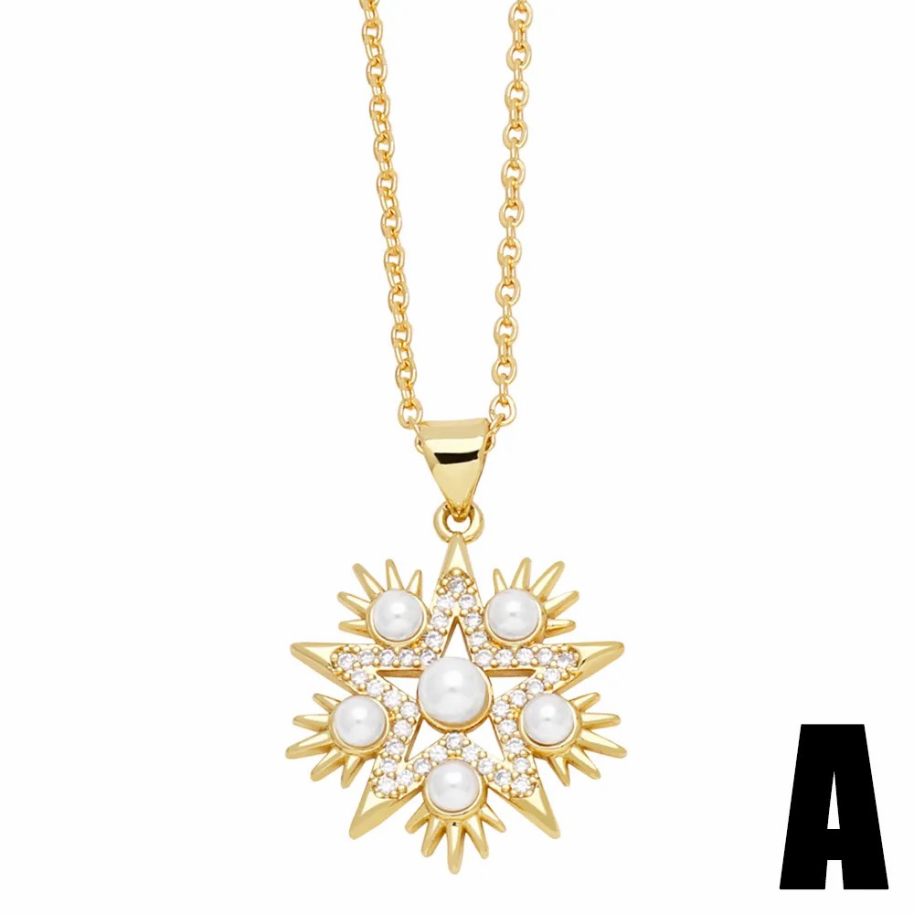 Modern Style Pentagram Heart Shape Stainless Steel Copper Plating Inlay Beads Zircon 18K Gold Plated Pendant Necklace_colorza_3