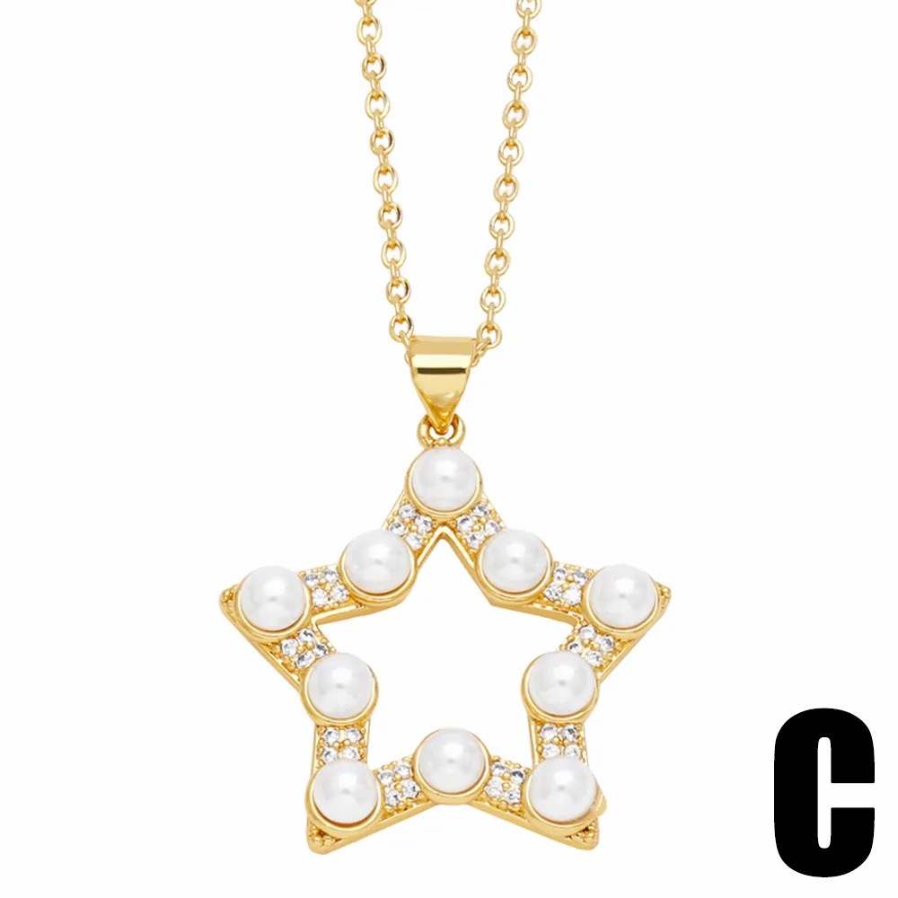 Modern Style Pentagram Heart Shape Stainless Steel Copper Plating Inlay Beads Zircon 18K Gold Plated Pendant Necklace_colorza_5