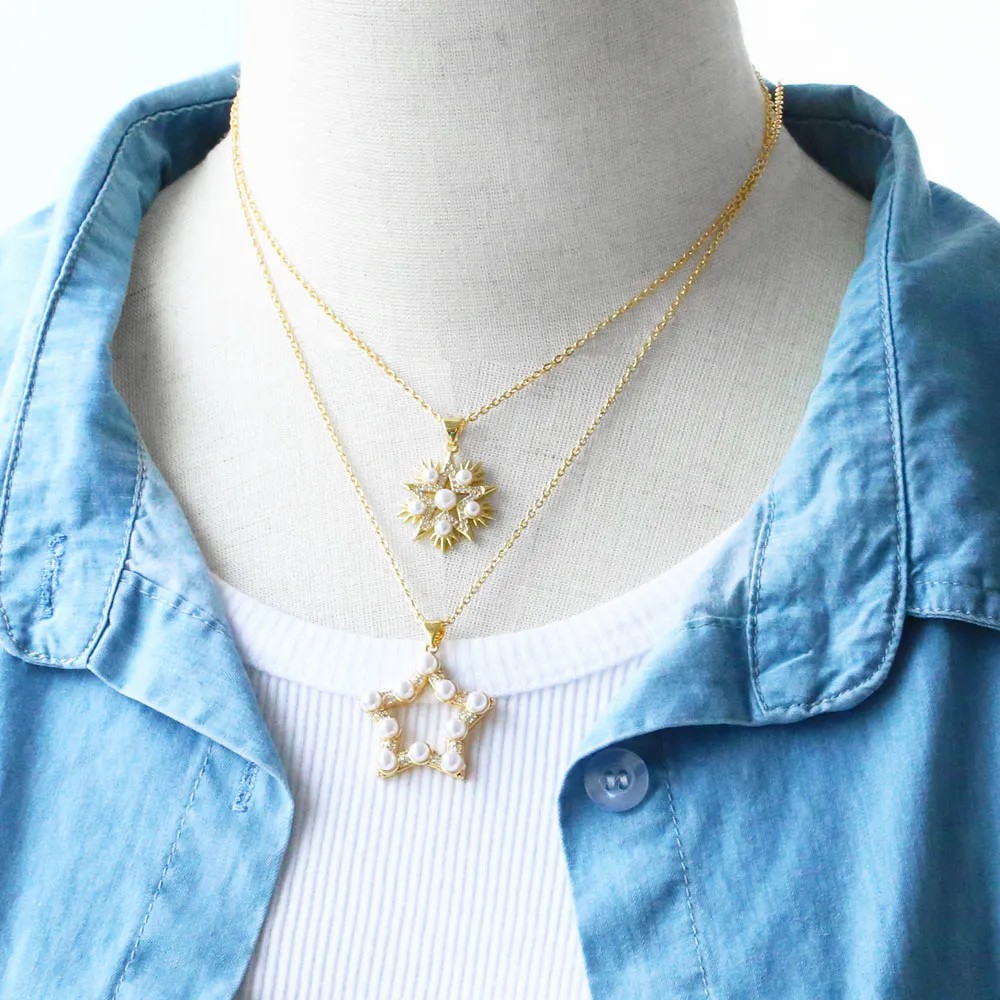 Modern Style Pentagram Heart Shape Stainless Steel Copper Plating Inlay Beads Zircon 18K Gold Plated Pendant Necklace_colorza_7