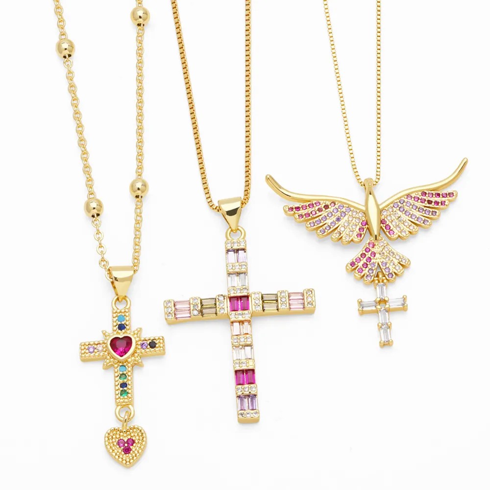Modern Style Cross Heart Shape Stainless Steel Copper Plating Inlay Zircon 18K Gold Plated Pendant Necklace_colorza_2