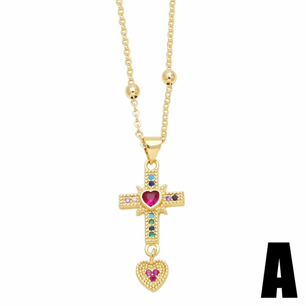 Modern Style Cross Heart Shape Stainless Steel Copper Plating Inlay Zircon 18K Gold Plated Pendant Necklace_colorza_3