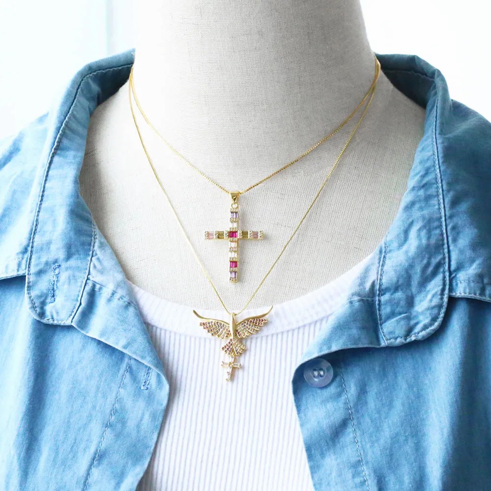 Modern Style Cross Heart Shape Stainless Steel Copper Plating Inlay Zircon 18K Gold Plated Pendant Necklace_colorza_7