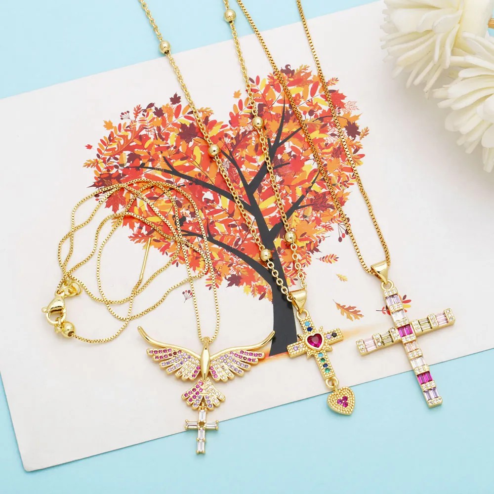 Modern Style Cross Heart Shape Stainless Steel Copper Plating Inlay Zircon 18K Gold Plated Pendant Necklace_colorza_8