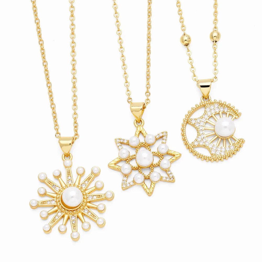 Modern Style Moon Flower Stainless Steel Copper Plating Inlay Beads Zircon 18K Gold Plated Pendant Necklace_colorza_2