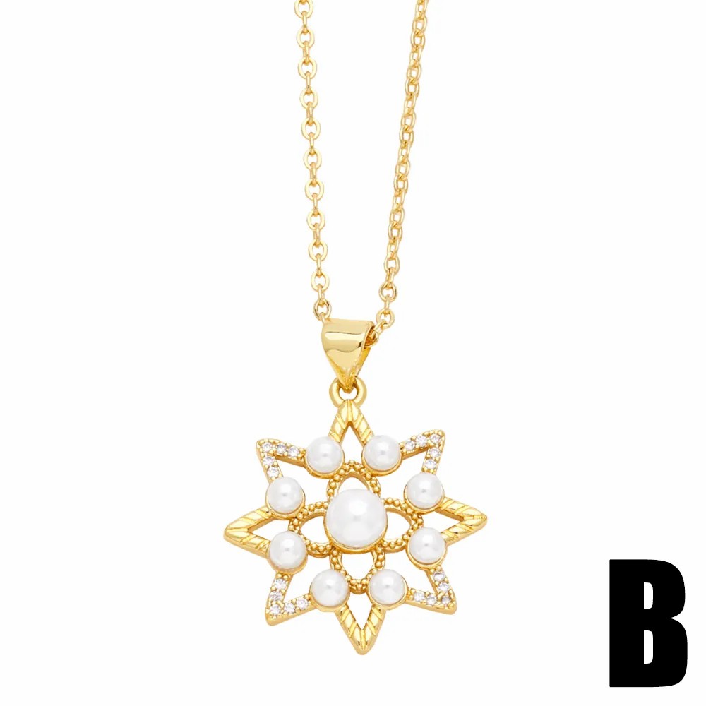 Modern Style Moon Flower Stainless Steel Copper Plating Inlay Beads Zircon 18K Gold Plated Pendant Necklace_colorza_4