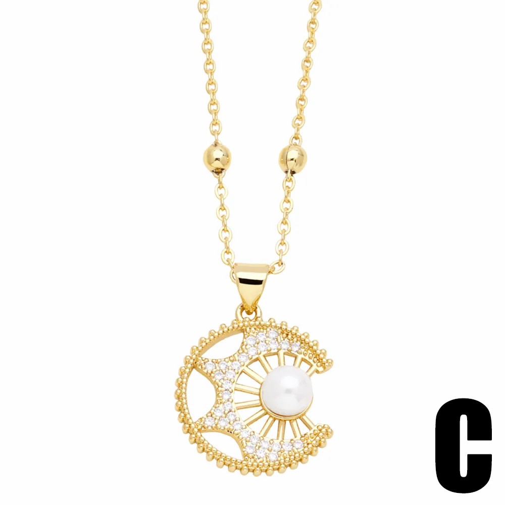 Modern Style Moon Flower Stainless Steel Copper Plating Inlay Beads Zircon 18K Gold Plated Pendant Necklace_colorza_5
