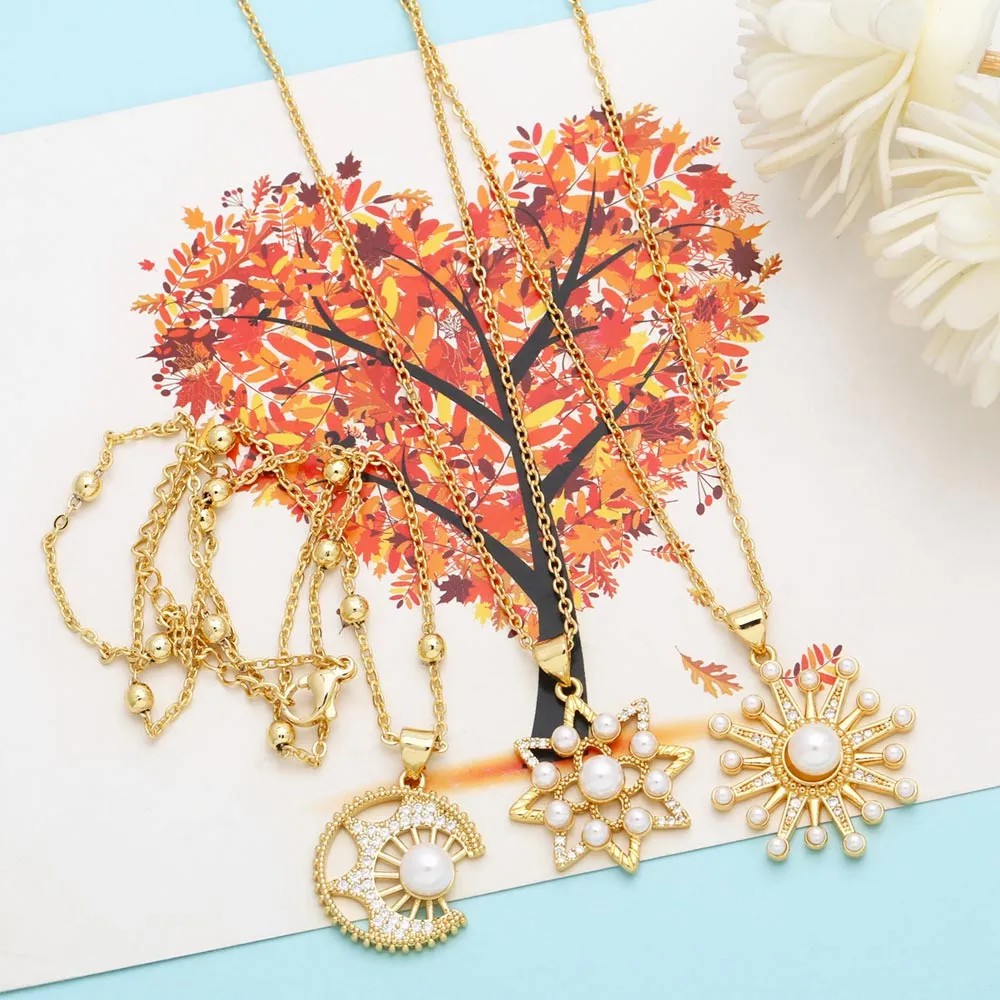 Modern Style Moon Flower Stainless Steel Copper Plating Inlay Beads Zircon 18K Gold Plated Pendant Necklace_colorza_8