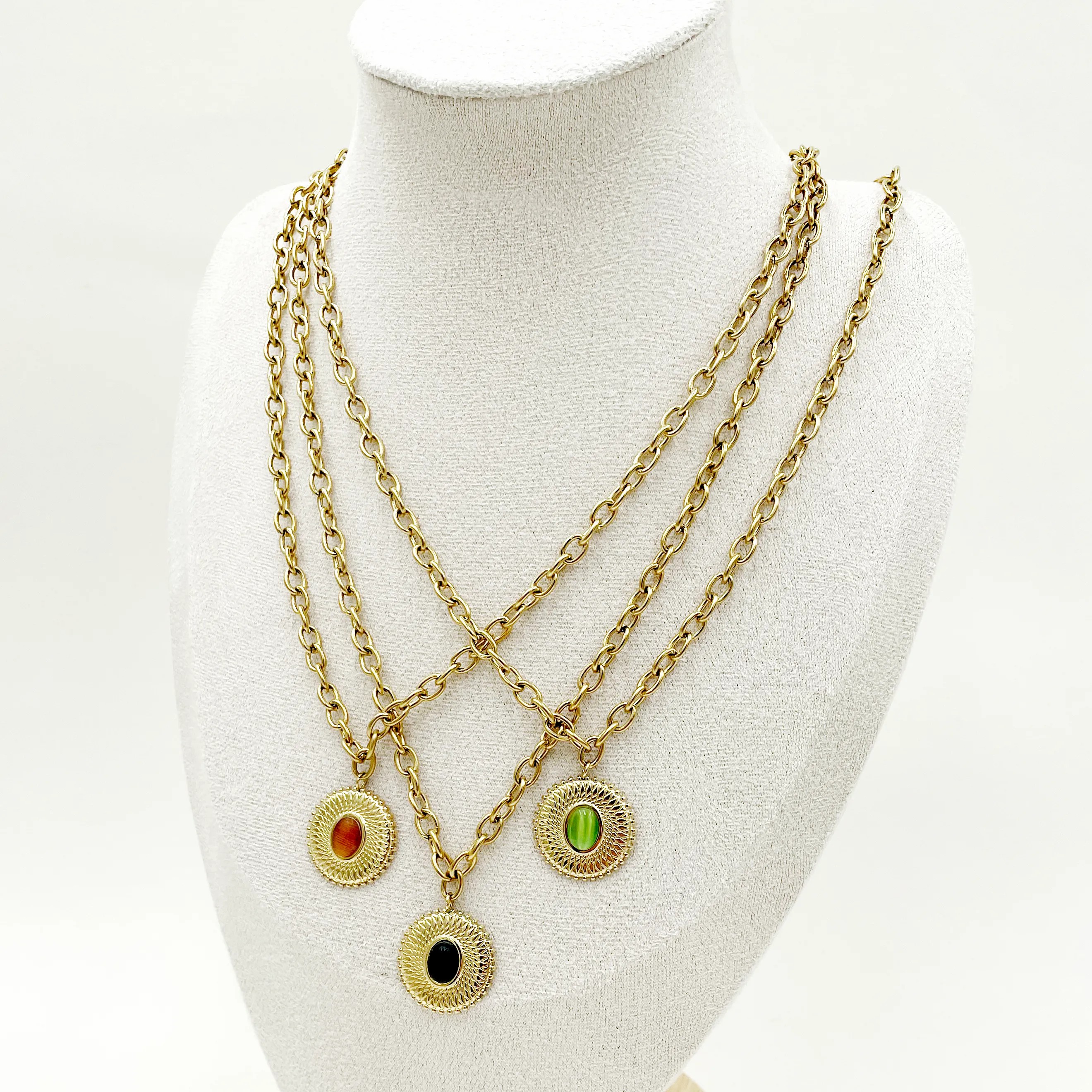 Vintage Style Round Stainless Steel Polishing Plating Inlay Opal Gold Plated Pendant Necklace_colorza_1