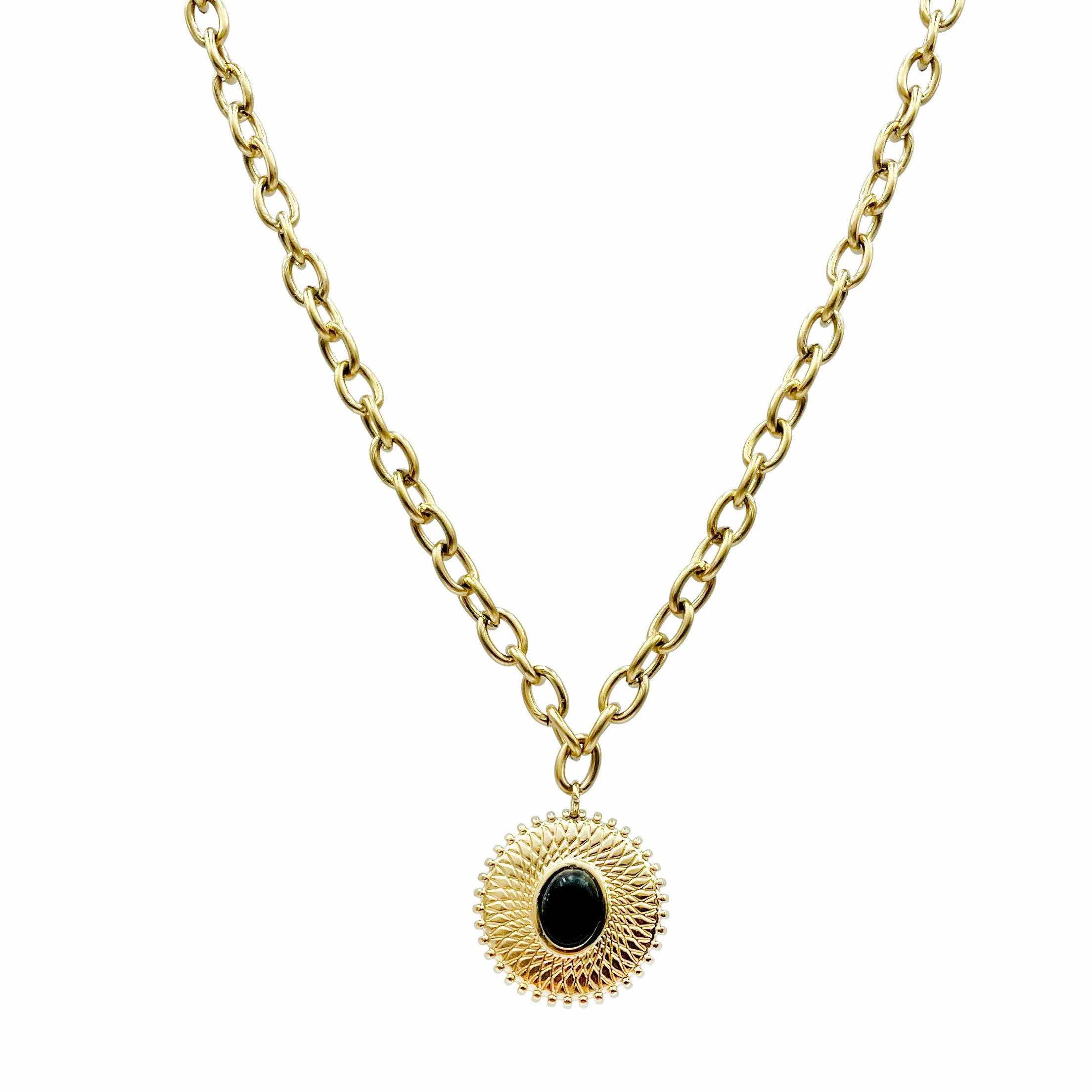 Vintage Style Round Stainless Steel Polishing Plating Inlay Opal Gold Plated Pendant Necklace_colorza_4