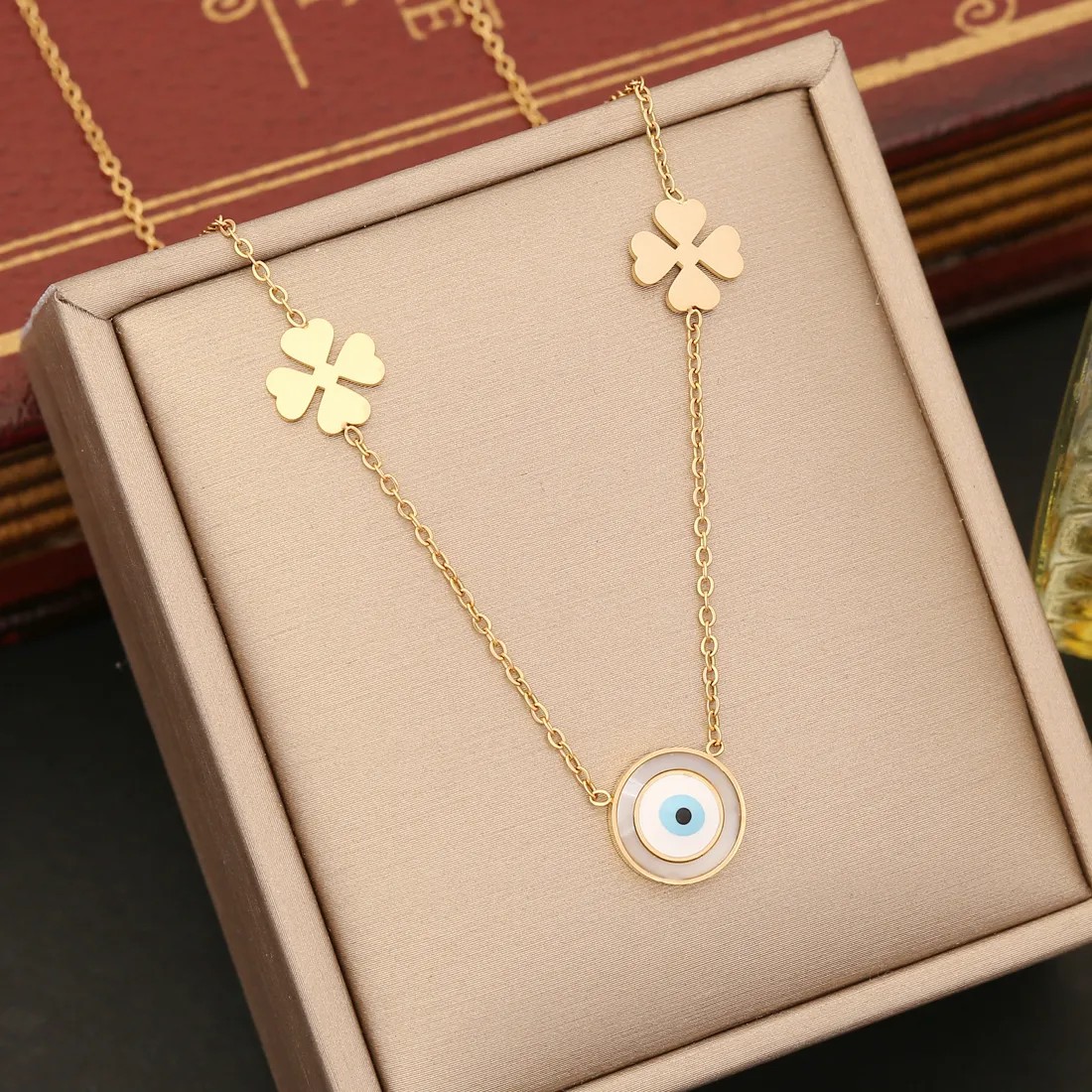 IG Style Four Leaf Clover Eye Snowflake Stainless Steel Enamel Plating Necklace_colorza_2