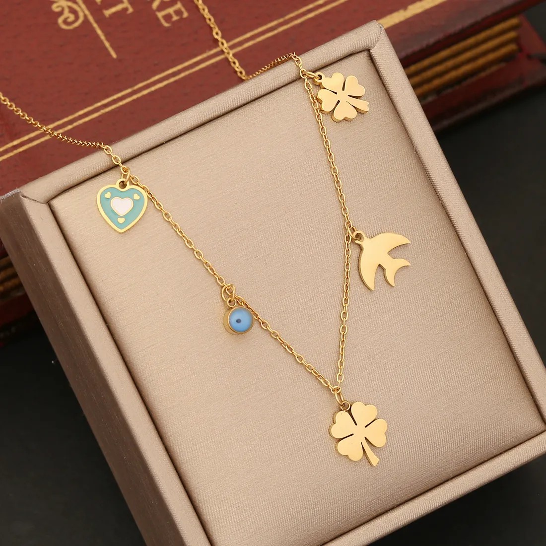 IG Style Four Leaf Clover Eye Snowflake Stainless Steel Enamel Plating Necklace_colorza_3