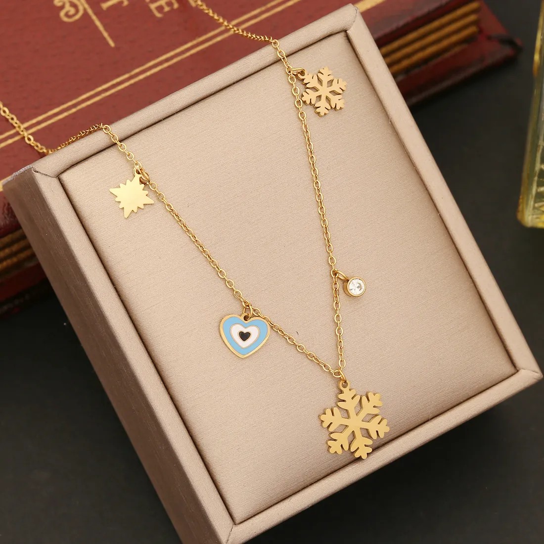 IG Style Four Leaf Clover Eye Snowflake Stainless Steel Enamel Plating Necklace_colorza_5