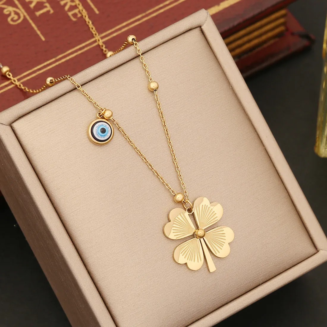 IG Style Four Leaf Clover Eye Snowflake Stainless Steel Enamel Plating Necklace_colorza_6