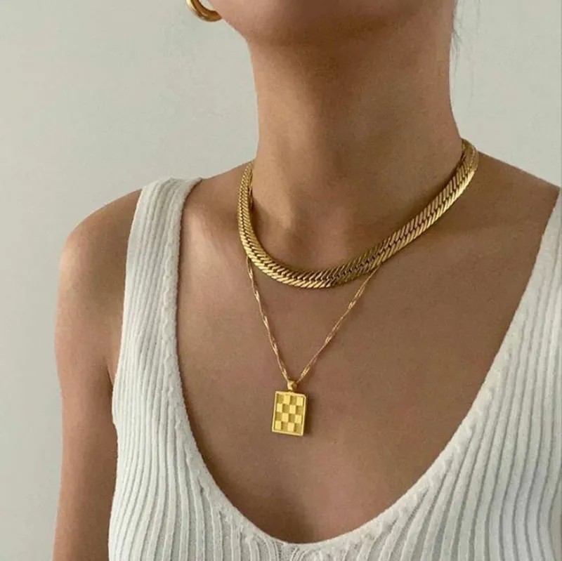 Retro Vintage Style Rhombus Stainless Steel Patchwork 18K Gold Plated Pendant Necklace_colorza_2