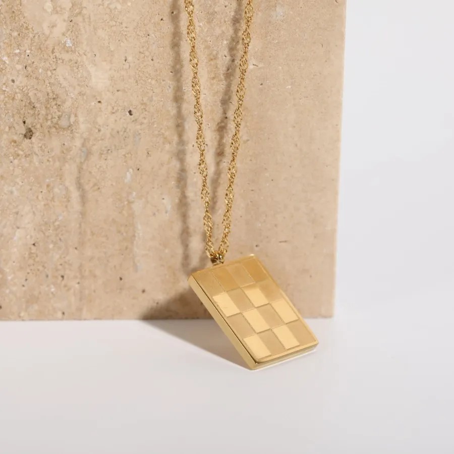 Retro Vintage Style Rhombus Stainless Steel Patchwork 18K Gold Plated Pendant Necklace_colorza_4