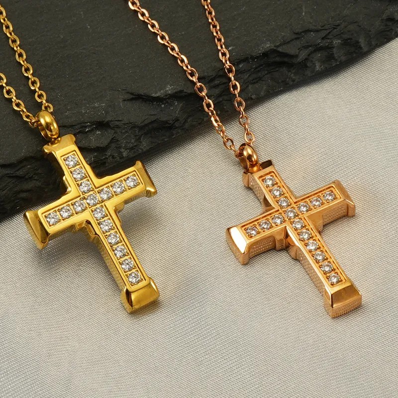 Classic Style Cross Stainless Steel Inlay Zircon 18K Gold Plated Pendant Necklace_colorza_4