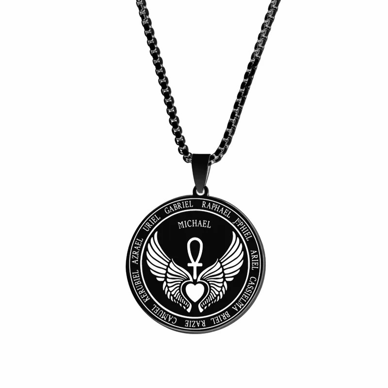 Hip-Hop Angel Wings Letter Stainless Steel Carving Pendant Necklace_colorza_1