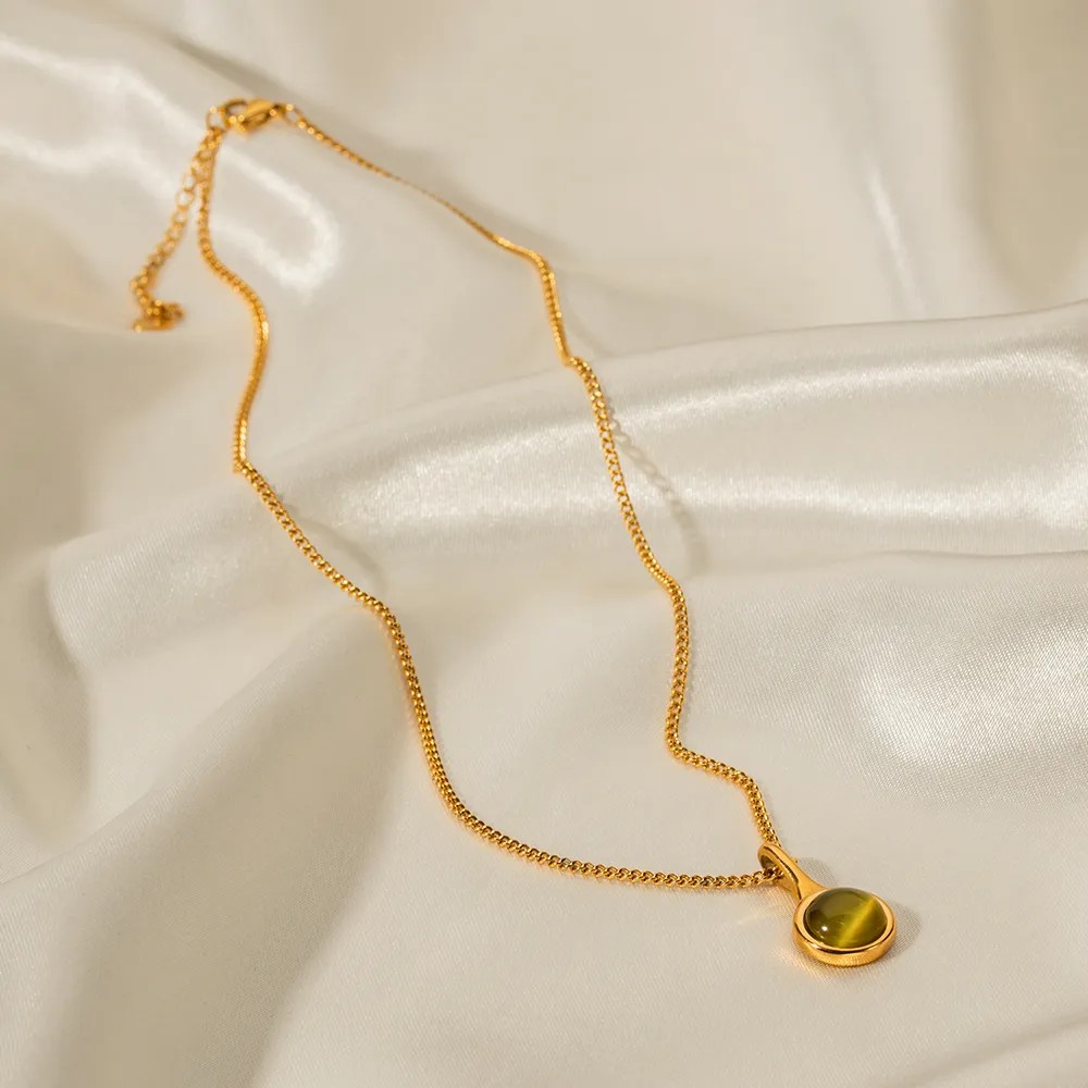 Classic Style Round Stainless Steel Plating Inlay Artificial Gemstones 18K Gold Plated Pendant Necklace_colorza_2