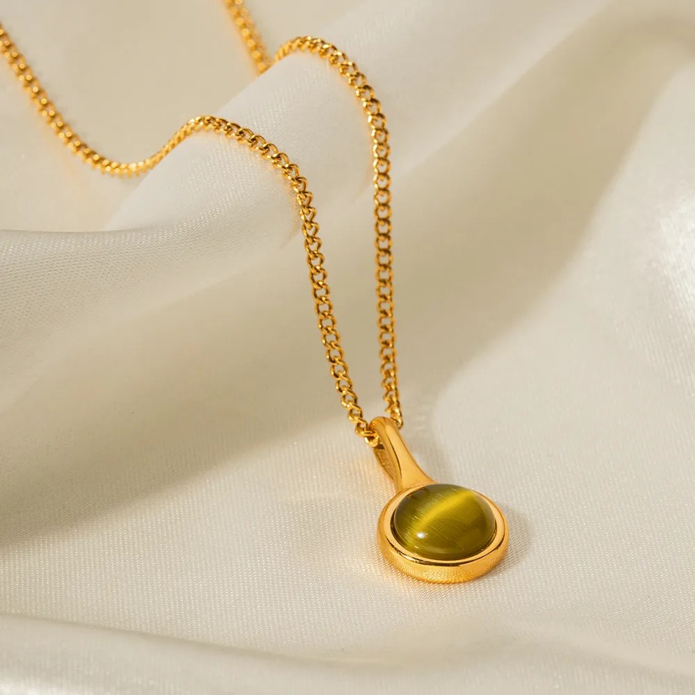 Classic Style Round Stainless Steel Plating Inlay Artificial Gemstones 18K Gold Plated Pendant Necklace_colorza_4