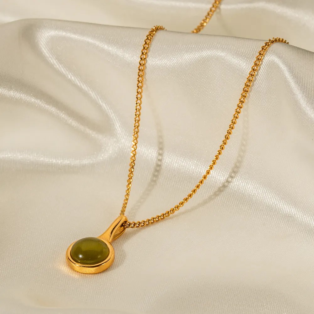 Classic Style Round Stainless Steel Plating Inlay Artificial Gemstones 18K Gold Plated Pendant Necklace_colorza_5