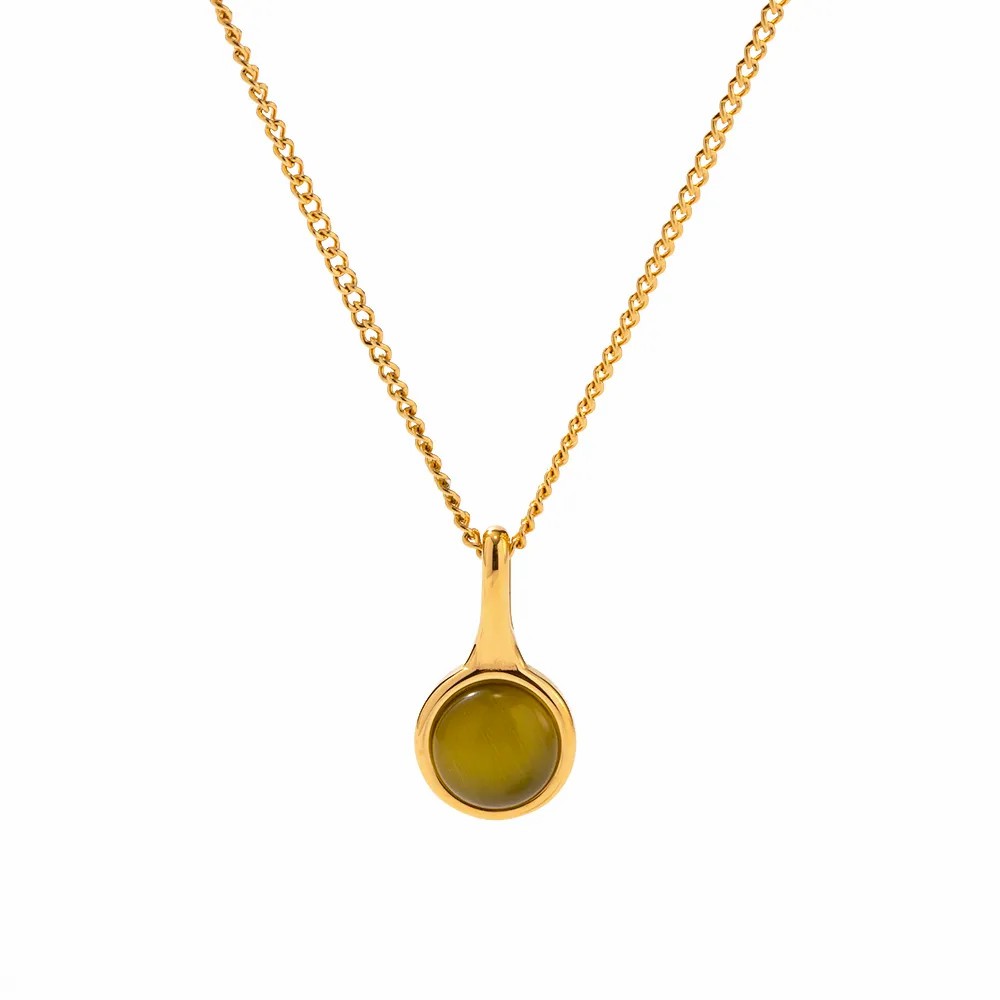 Classic Style Round Stainless Steel Plating Inlay Artificial Gemstones 18K Gold Plated Pendant Necklace_colorza_6