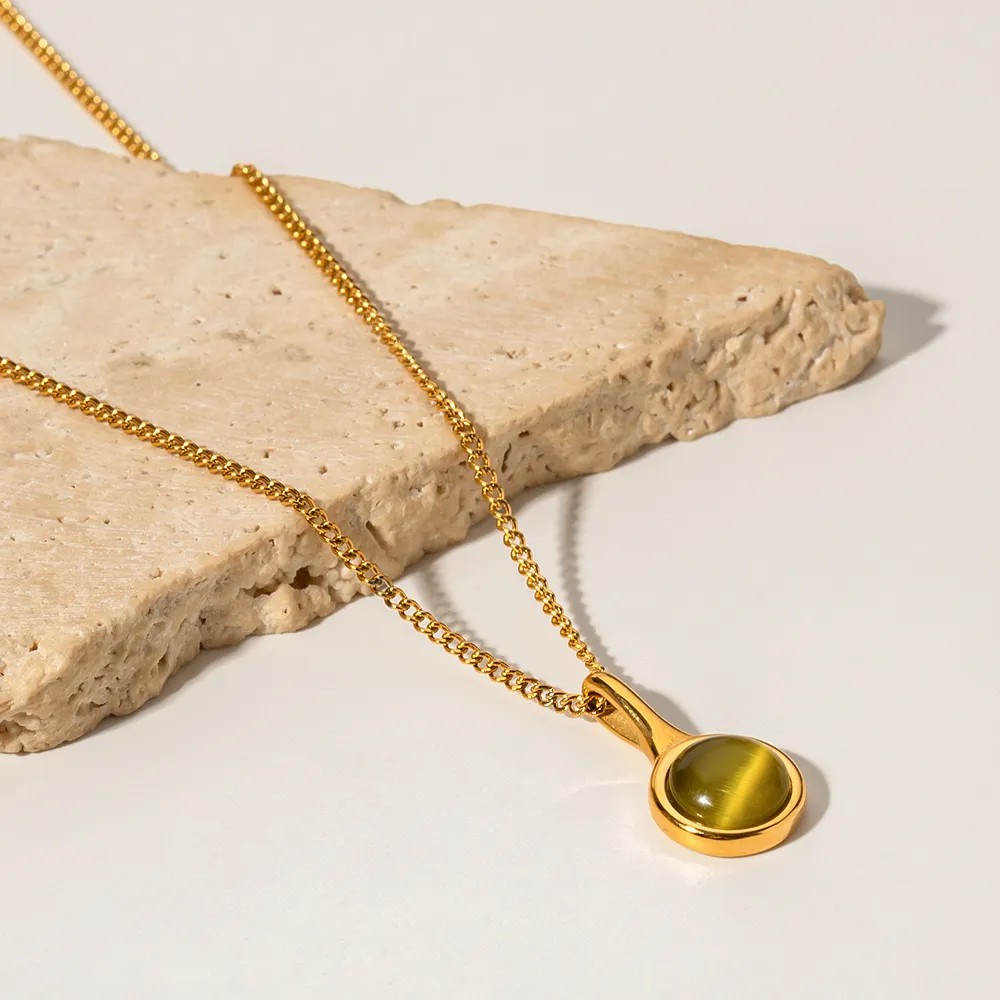 Classic Style Round Stainless Steel Plating Inlay Artificial Gemstones 18K Gold Plated Pendant Necklace_colorza_8