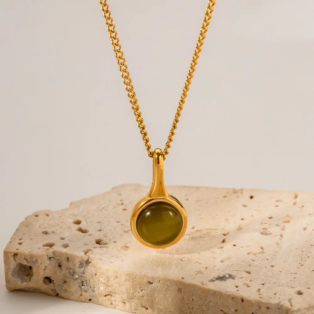 Classic Style Round Stainless Steel Plating Inlay Artificial Gemstones 18K Gold Plated Pendant Necklace_colorza_9